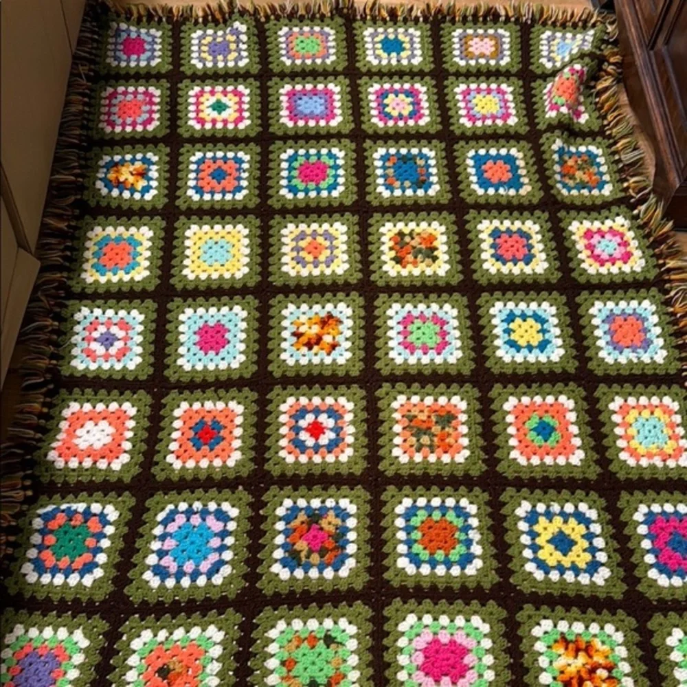 Vintage Colorful Crochet Granny Square Blanket/Throw Large 55”by 75”